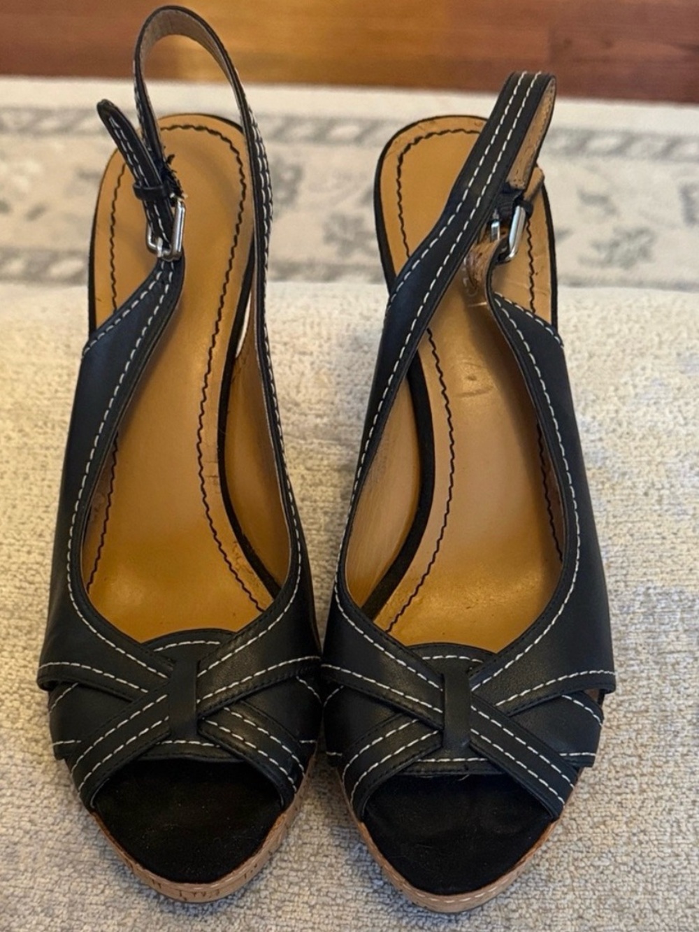 Nine West Black Cork Platform Peep Toe Slingback Heels 9.5